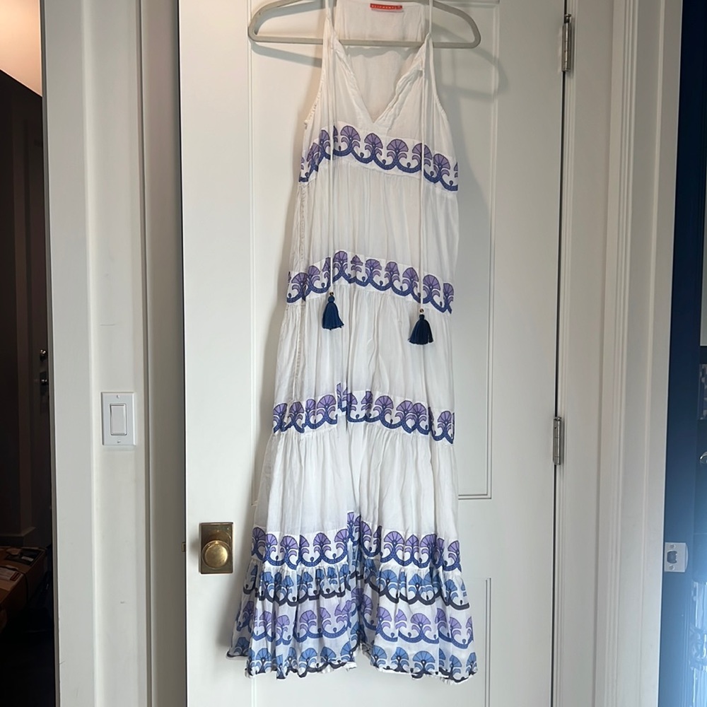 Oliphant white linen midi dress with purple and blue designs, size small
